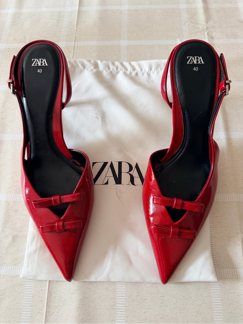 ZARA Red Patent Pointed Toe Slingback Heels with Bow Detail size 9